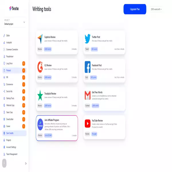 alat tulis kata texta.ai Hasilkan otomatis artikel dan konten penggunaan gratis AI 2000 kata