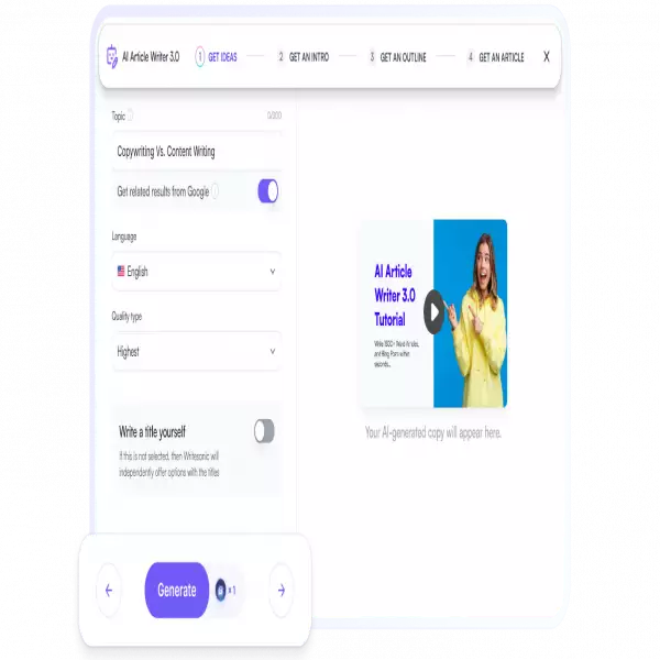 Alat tulis artikel Writesonic (gratis). Tulis kata-kata secara otomatis dengan AI