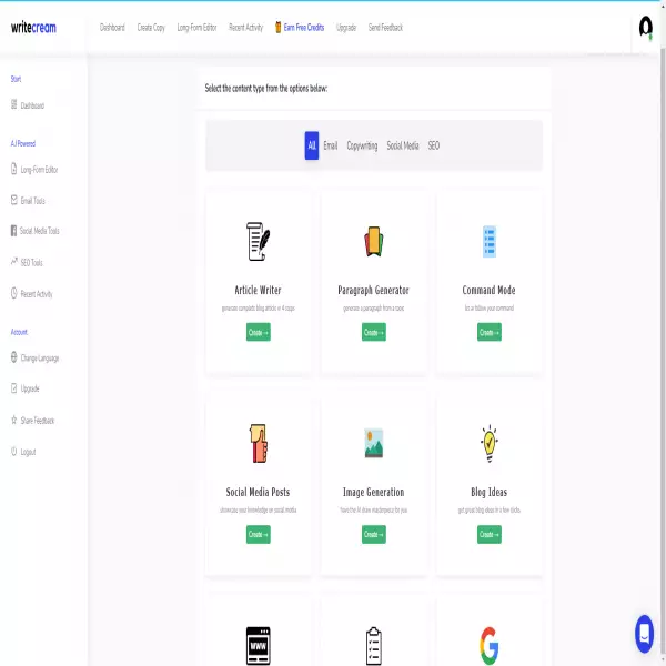 Outil de création de contenu Writecream Écrivez des mots automatiquement avec l'IA
