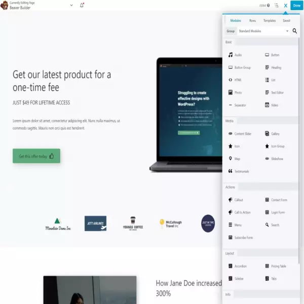Beaver Builder, sitelerle çalışan bir sürükle ve bırak sayfa oluşturucusudur.
