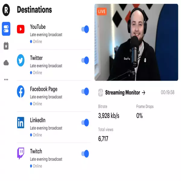 Restream Live video stream Simultaneously to more than 30 social platforms of your choice.