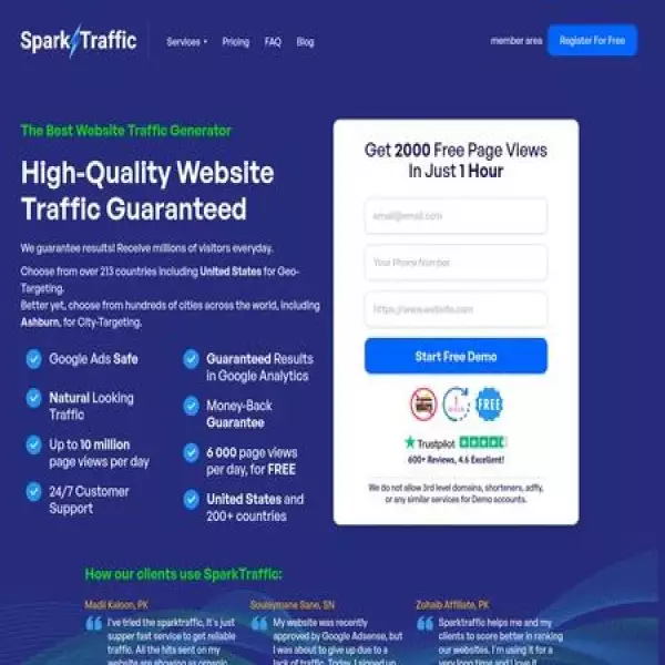 SparkTraffic Agregue tráfico a su sitio web, obtenga 2000 visitas gratuitas por registrarse.