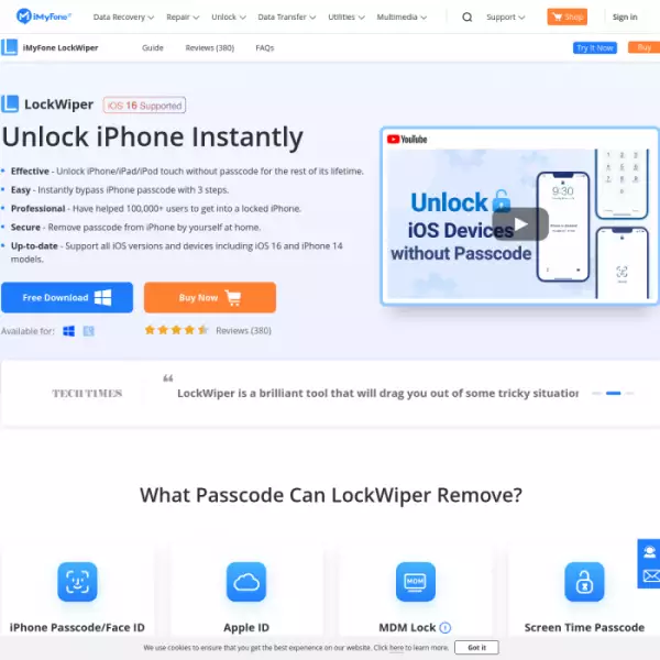 iMyFone LockWiper iPhone Unlocker（免費下載）、Apple ID 解鎖等。