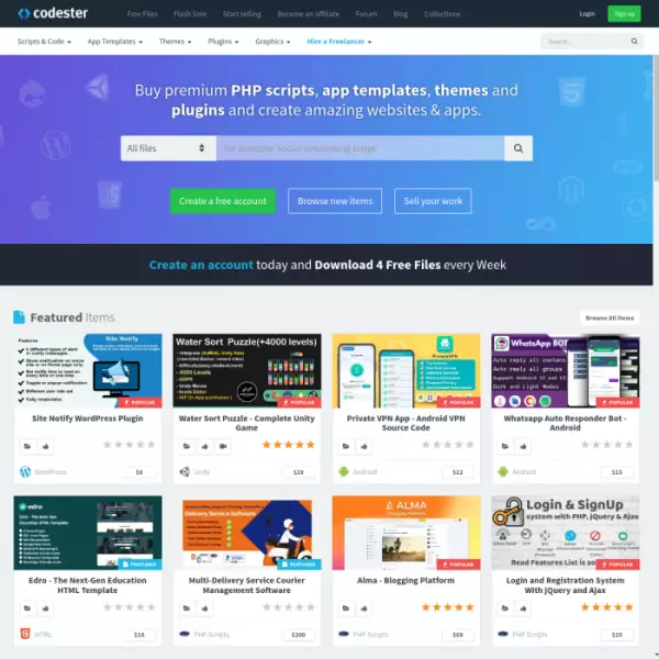 Thị trường Codester dành cho Người sáng tạo, Trang web, Tập lệnh, Chủ đề, Ứng dụng, Trò chơi.