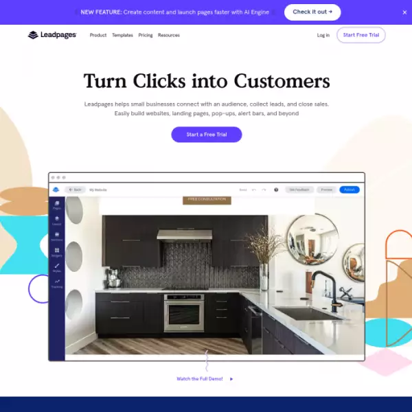 Leadpages Создайте веб-сайт, создайте целевую страницу с помощью перетаскивания.