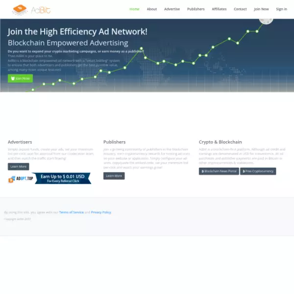 Adbit, eine Blockchain-Werbeplattform, Werbegutschriften und Einnahmen in USD.