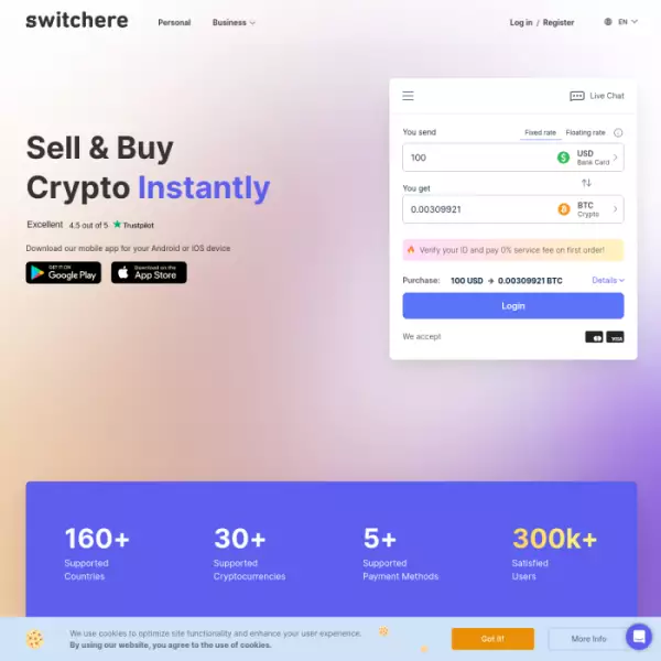 Switchere giao dịch BTC và tất cả các loại tiền điện tử lớn bằng thẻ tín dụng.
