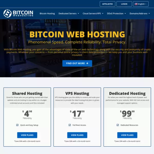 BitcoinWebHosting Lưu trữ web đáng tin cậy và hiệu suất cao Đảm bảo thời gian hoạt động 99,9%
