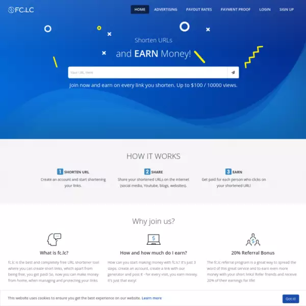 Fc.lc trang web rút gọn liên kết kiếm tiền trực tuyến Trả tới 20 đô la cho mỗi 1000 lượt xem.