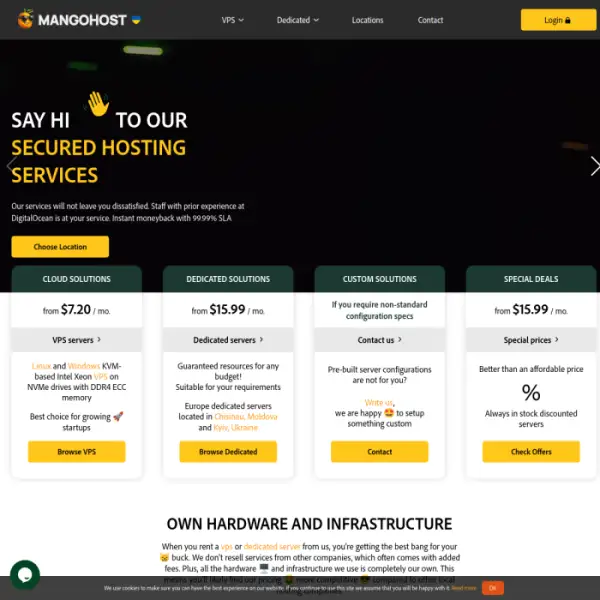 MangoHosting tatmin edici özelliklere sahip ortalama bir sunucudur. 7/24 müşteri hizmetleri