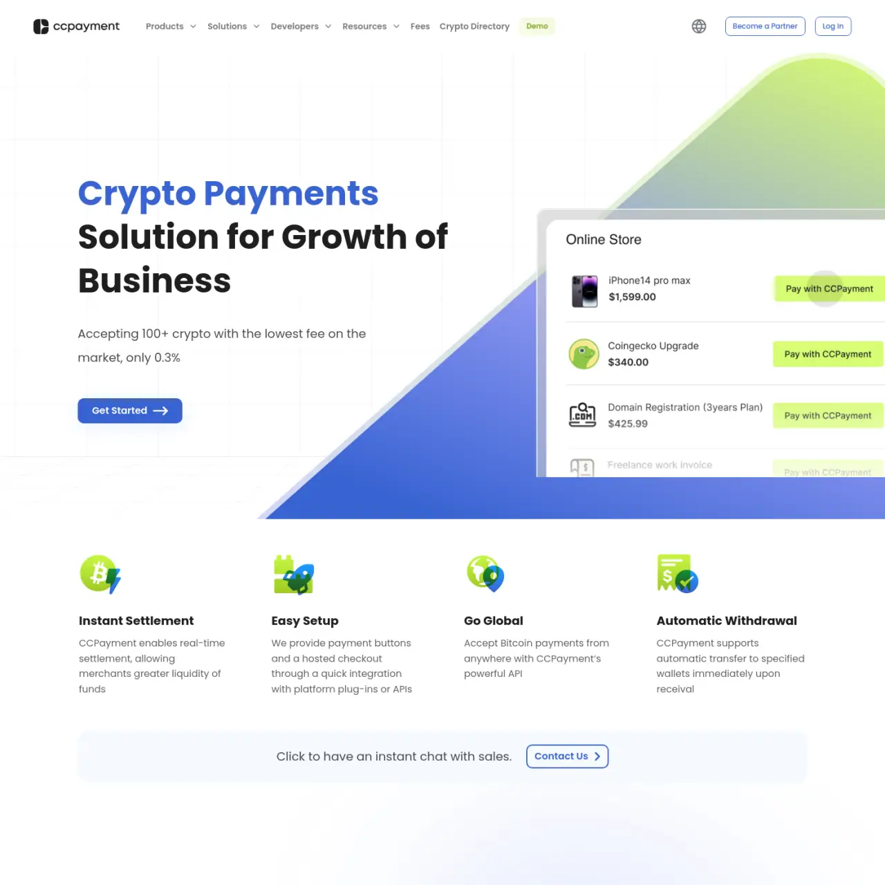 CCPayment cung cấp giải pháp thanh toán được mã hóa cho doanh nghiệp. Nó chấp nhận hơn 100 loại tiền