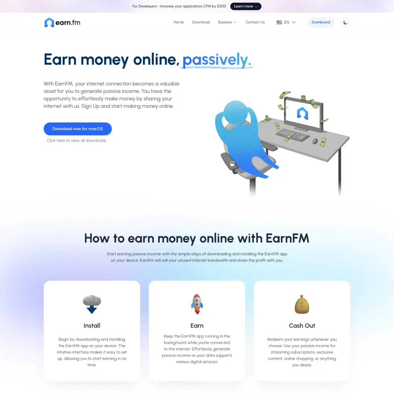 EarnFM allows users to earn passive income by sharing their unused internet bandwidth. By installing