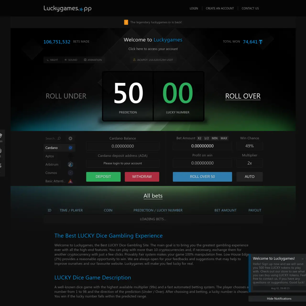 Luckygames ofrece una amplia gama de juegos de criptocasino, incluido el popular juego Dice con alto