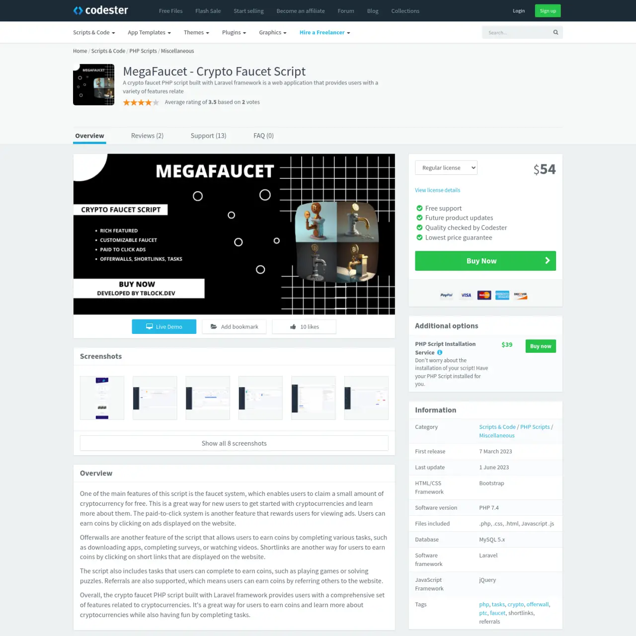 MegaFaucet de TblockDev est un script PHP utilisant Laravel, offrant des fonctionnalités telles que