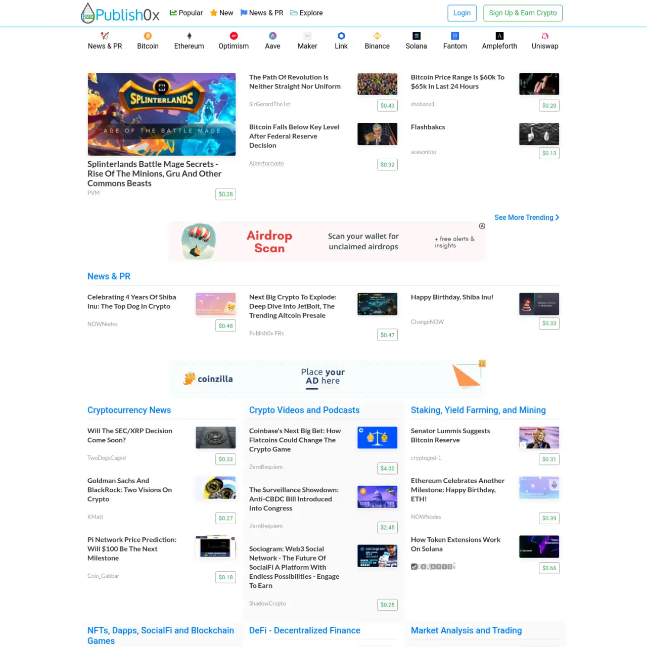 Publish0x là một nền tảng nơi mọi người có thể kiếm tiền điện tử bằng cách đọc các bài viết. Nó tươn